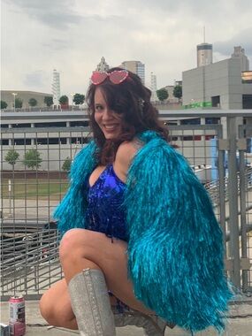 Akira I’m so fancy Shacket by Akira blue metallic fringe jacket shawl